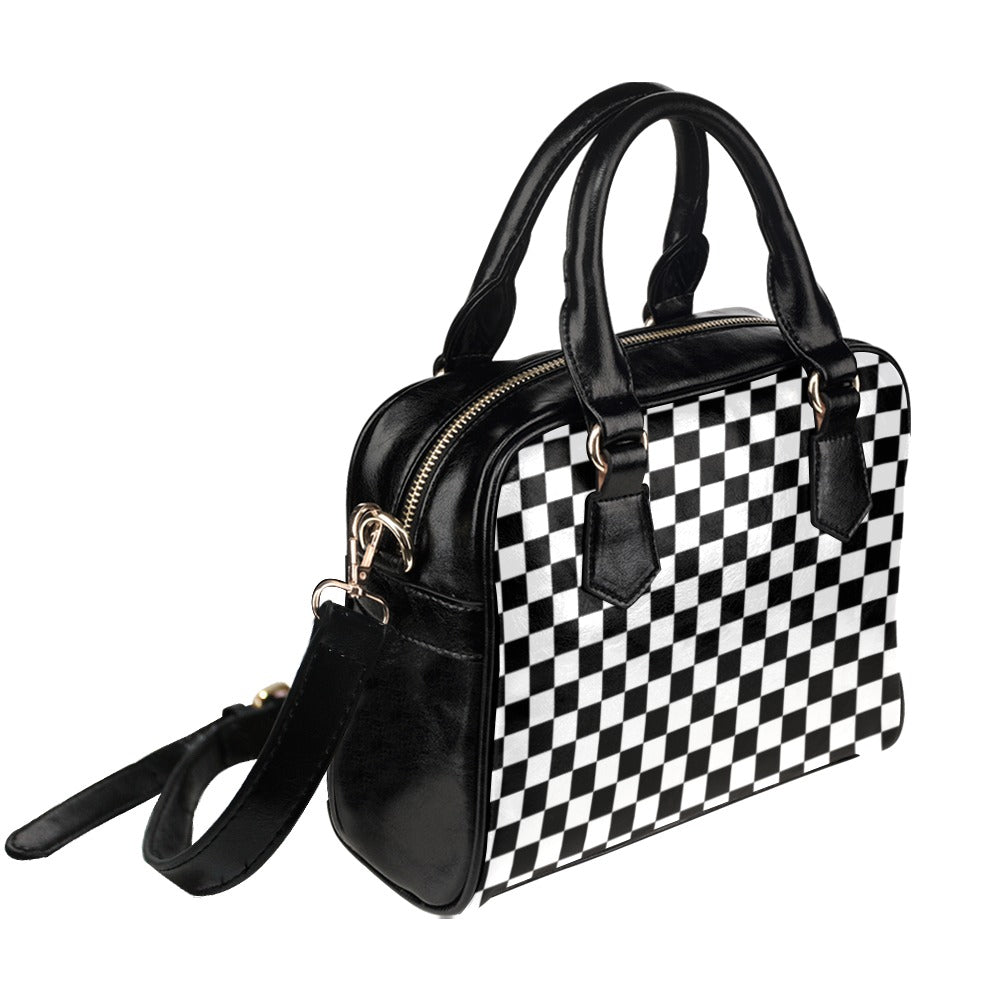 Checkered Purse Handbag with Shoulder Strap, Cute Black White Check Racing Plaid Vegan Faux PU Leather Women Designer Handbag Starcove Fashion