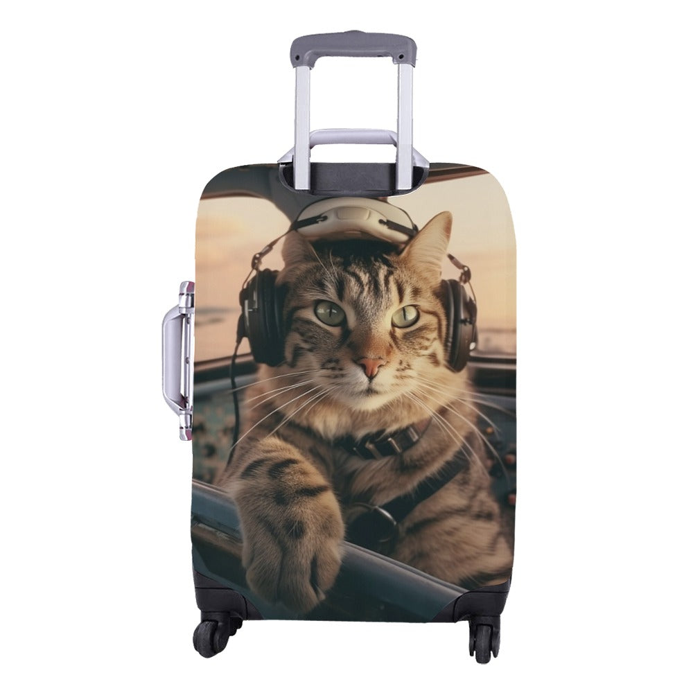 Cat as Pilot Luggage Cover, Airplane Aesthetic Print Suitcase Hard Bag Washable Protector Travel Small Large Designer Gift