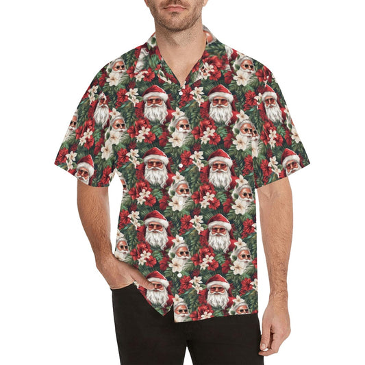 Santa Claus Men Hawaiian shirt, Tropical Christmas Xmas Dad Print Vintage Retro Hawaii Aloha Beach Plus Size Button Up Shirt Vacation