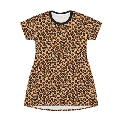 Leopard Tshirt Dress, Animal Print Cheetah Women Summer Beach Cute Festival Party Casual Designer Short Sleeve Girls Tee