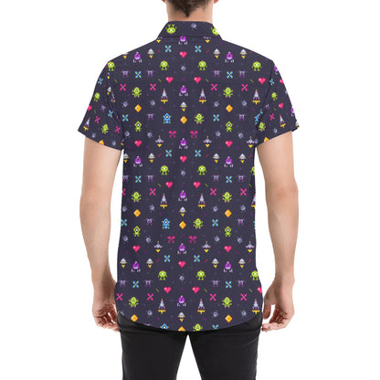 Arcade Gaming Short Sleeve Men Button Down Shirt, Video Game 80s Pixel Art Print Casual Buttoned Down Summer Dress Collared Shirt Starcove Fashion