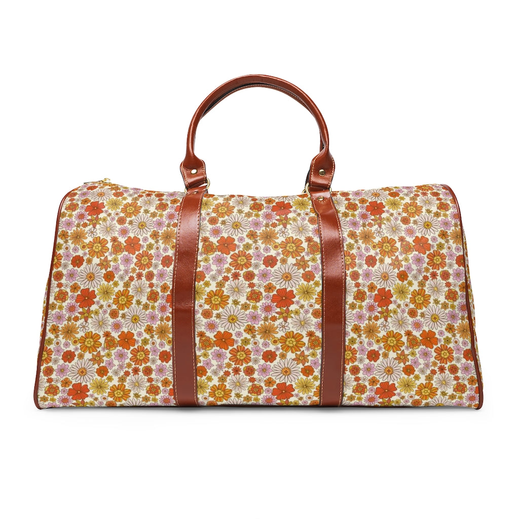 Groovy Flowers Waterproof Travel Bag, Vintage Floral Retro 70s Top Zipper Shoulder Bag Leather Strap Handle Overnight Weekender Starcove Fashion