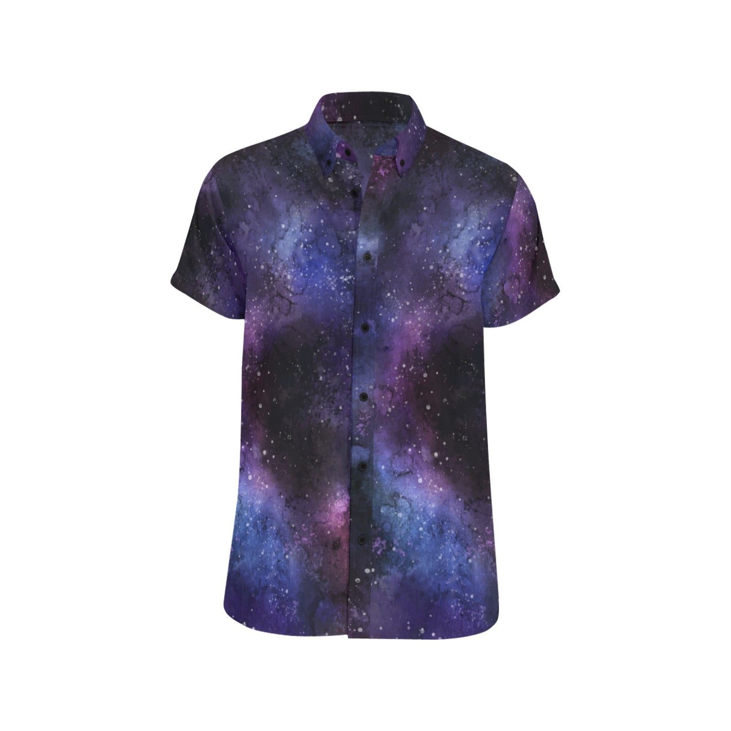 Galaxy Short Sleeve Men Button Down Shirt, Purple Outer Space Universe Astronomy Print Casual Buttoned Up Summer Collared Dress Plus Size