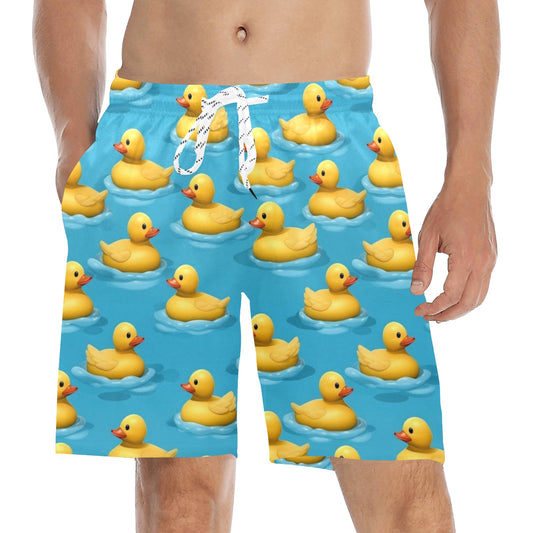 Yellow Rubber Duck Men Swim Trunks Shorts, Print Swimming Mid Length Funny Beach Pockets Mesh Drawstring Boys Casual Bathing Suit Summer