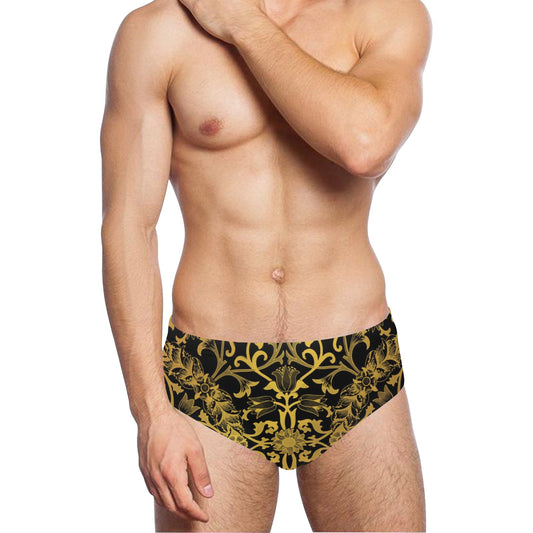 Ornate Men Swim Briefs, Black Gold Baroque Steampunk Sexy Swimwear Trunks Swimming Swimsuit Low Rise Underwear Vintage Designer Swimwear