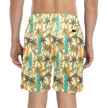 Palm Tree Men Swim Trunks, Vintage Surfboards Tropical Beach Mid Length Shorts Pockets Mesh Drawstring Casual Bathing Suit Summer Plus Size