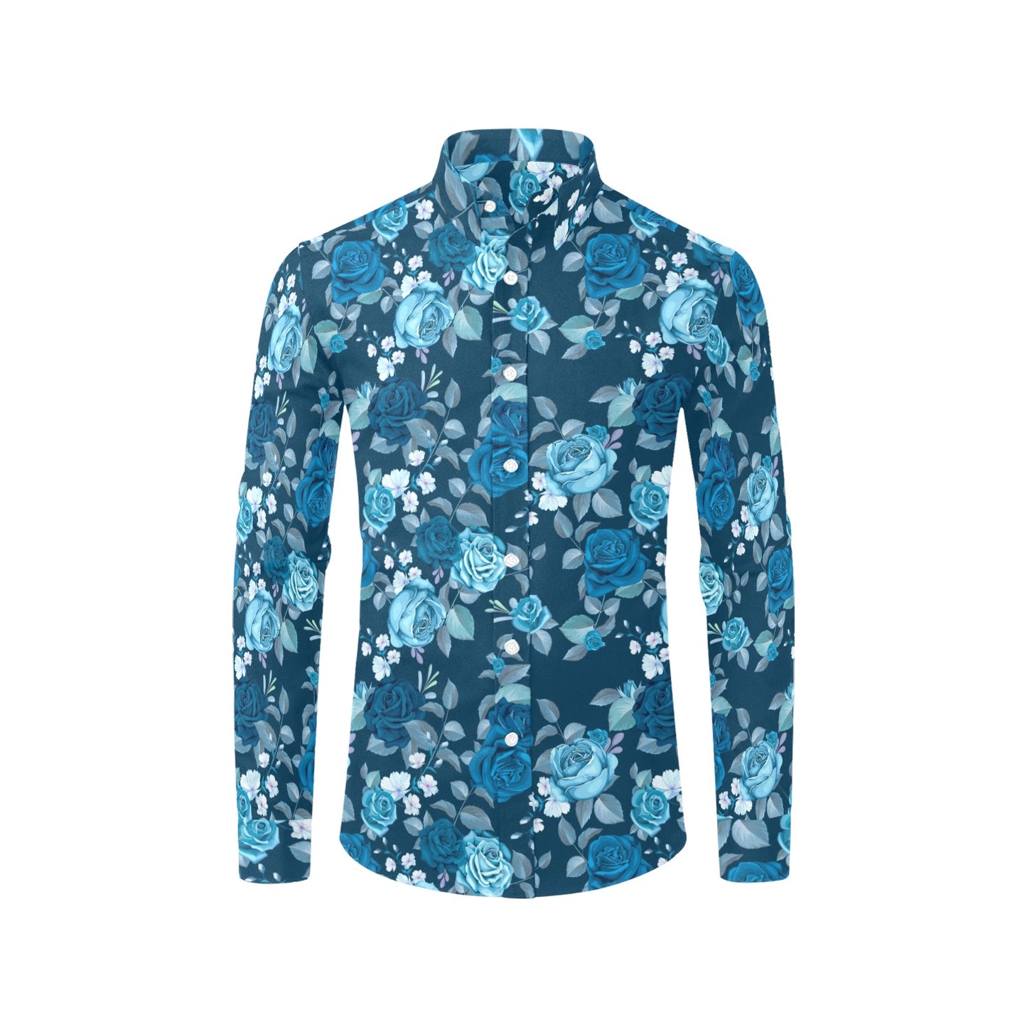 Blue Flowers Long Sleeve Men Button Up Shirt, Floral Print Dress Buttoned Hawaiian Collar Dress Shirt with Chest Pocket Starcove Fashion