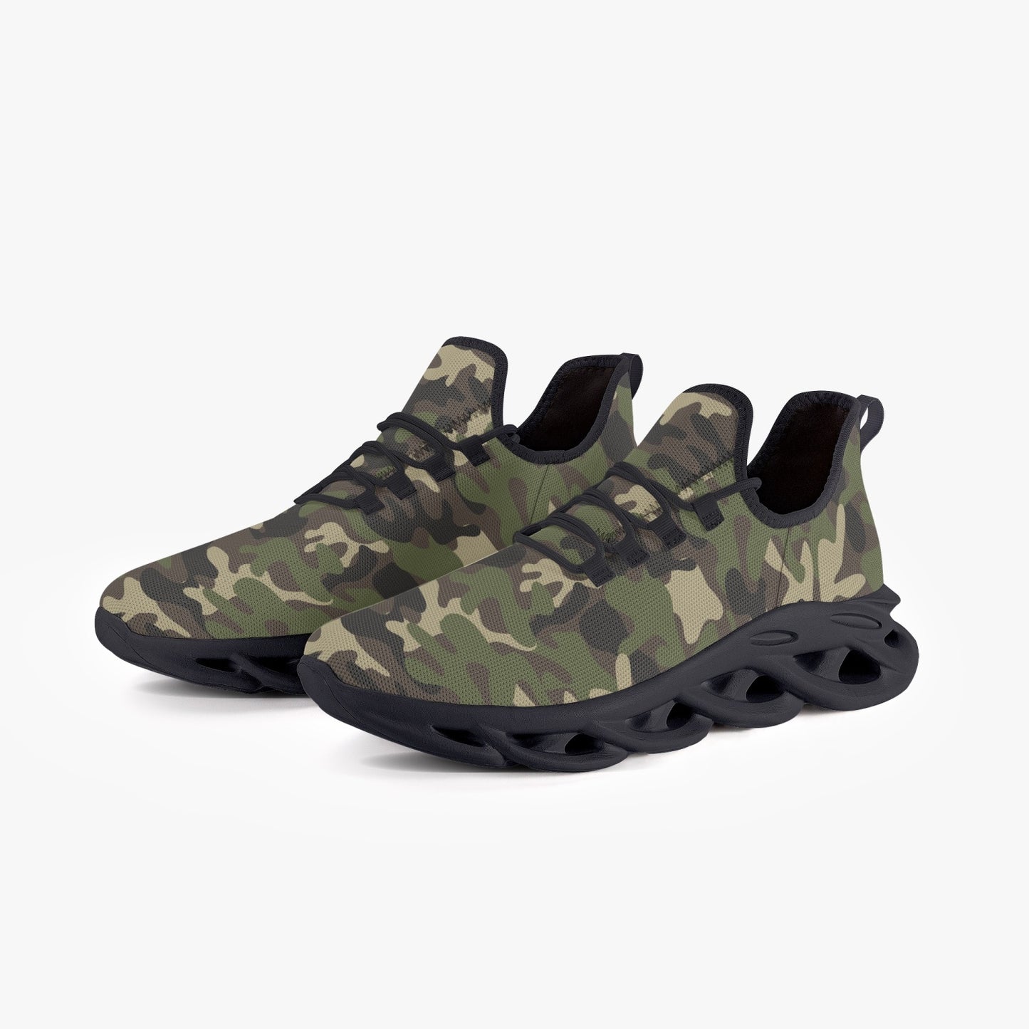 Camo Sneakers, Green Army Camouflage Bouncing Mesh Men Women Knit Running Athletic Sport Workout Breathable Lace Up Fitness Shoes Trainers