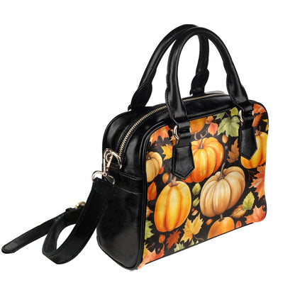 Fall Autumn Leather Purse, Vintage Leaves Pumpkins Cottagecore Fun Print Small Shoulder Vegan Leather Women Designer Ladies Handbag
