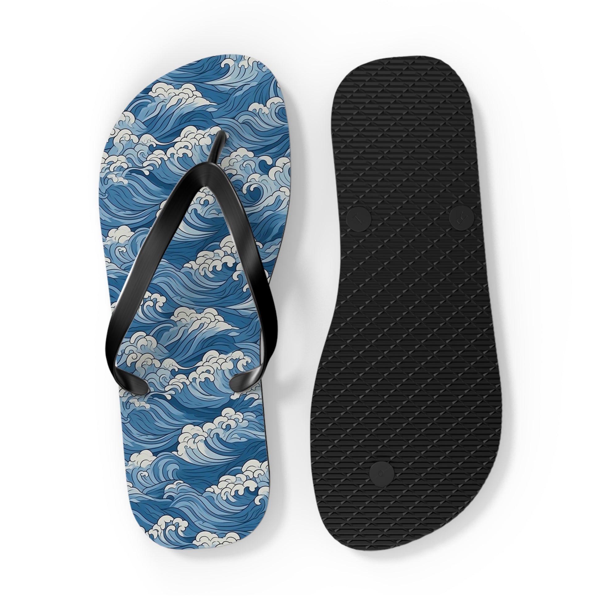 Sea Waves Flip Flops, Japanese Blue Comfortable Thong Sandals Summer Woman Men Ladies Beach Print Rubber Slip On Shoes Starcove Fashion