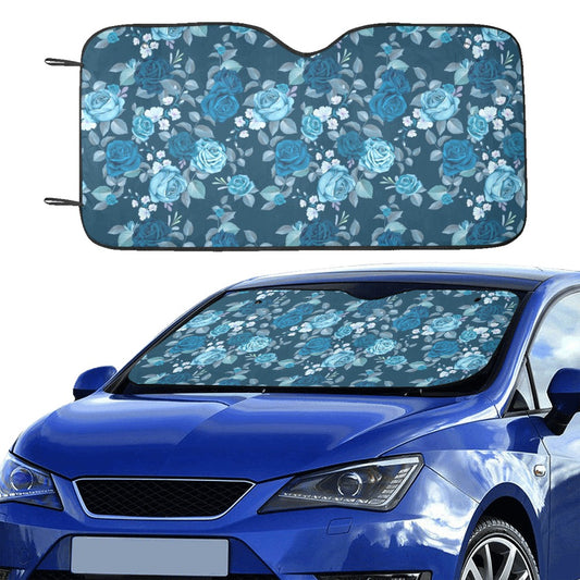 Blue Flowers Sun Windshield, Cute Floral Car Accessories Auto Shade Protector Window Visor Screen Cover Women Decor 55" x 29.53"