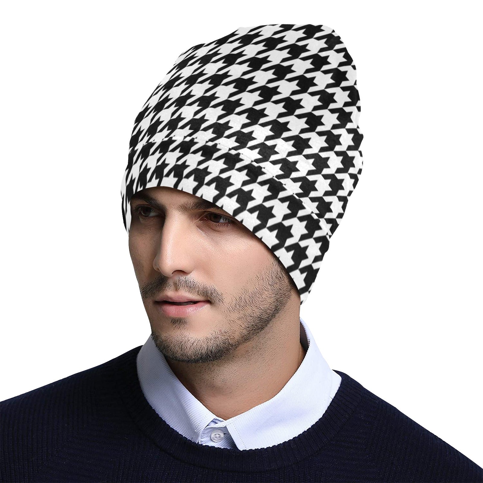 Houndstooth Beanie, Black White Pattern Soft Fleece Party Men Women Cute Stretchy Winter Adult Aesthetic Cap Hat Gift Starcove Fashion