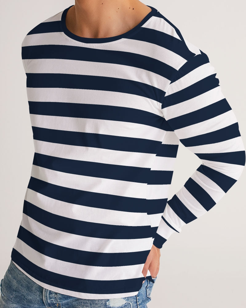 Navy and White Striped Men Long Sleeve Tshirt, Blue Broad Unisex Women Designer Graphic Aesthetic Crew Neck Tee Starcove Fashion
