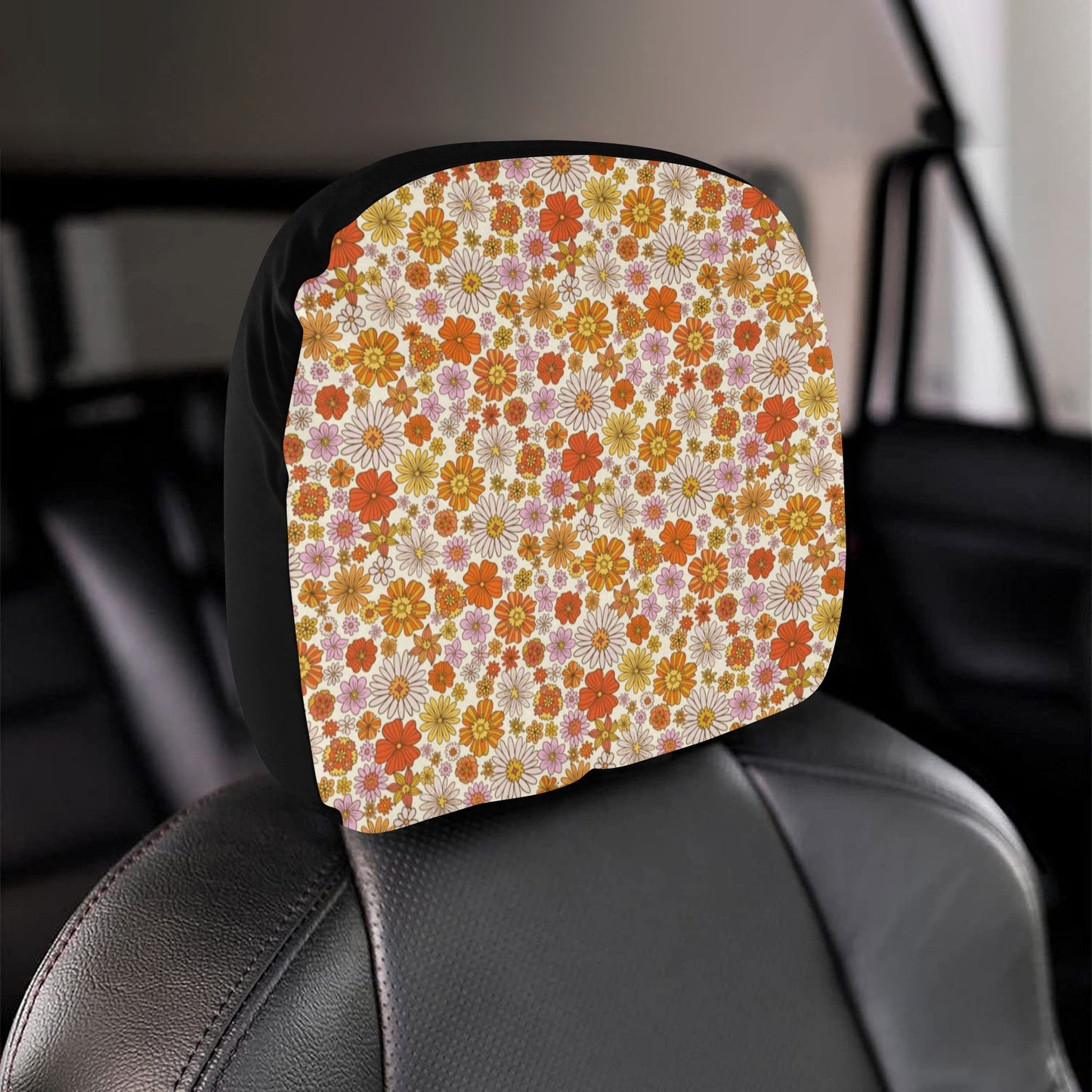 Groovy Flowers Car Seat Headrest Cover (2pcs), Vintage Floral 70s Truck Suv Van Vehicle Auto Decoration Protector New Car Gift Starcove Fashion