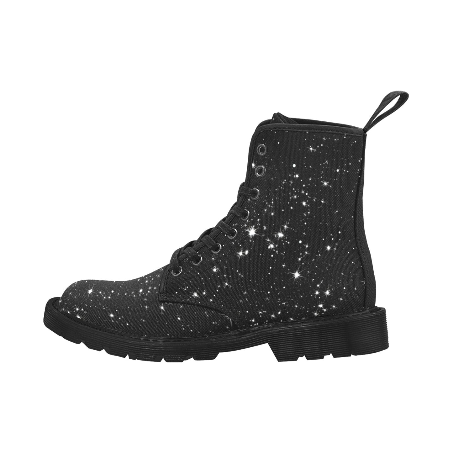 Constellation Stars Women boots, Space Universe Vegan Canvas Lace Up Shoes Festival Print Black Ankle Combat Casual Lightweight Designer