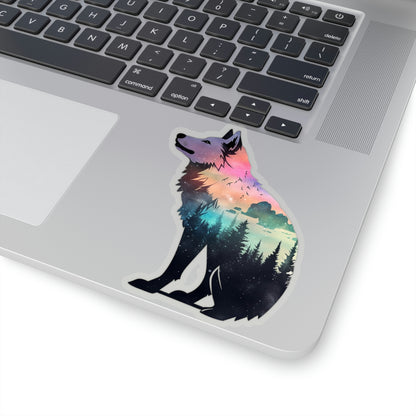 Wolf Sticker, Double Exposure Trees Galaxy Art Laptop Decal Vinyl Waterbottle Tumbler Car Waterproof Bumper Die Cut Wall Clear