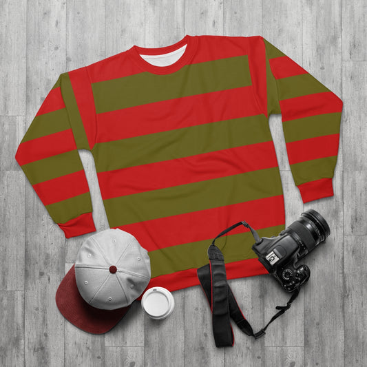 Olive Green & Red Striped Sweatshirt, Wide Stripes Crewneck Fleece Cotton Sweater Jumper Pullover Men Women Adult Top Starcove Fashion