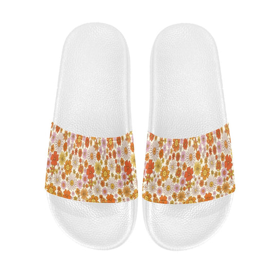 Retro Floral Women Slide Sandals, 70s Vintage Flower Shoes Flat White Wedge Slides Flip Flops Slip On Vegan Slipper Ladies