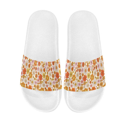 Retro Floral Women Slide Sandals, 70s Vintage Flower Shoes Flat White Wedge Slides Flip Flops Slip On Vegan Slipper Ladies