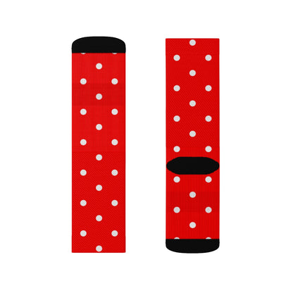 Red Polka Dots Socks, White Crew 3D Sublimation Women Men Designer Fun Novelty Cool Funky Casual Cute Unique Gift Starcove Fashion
