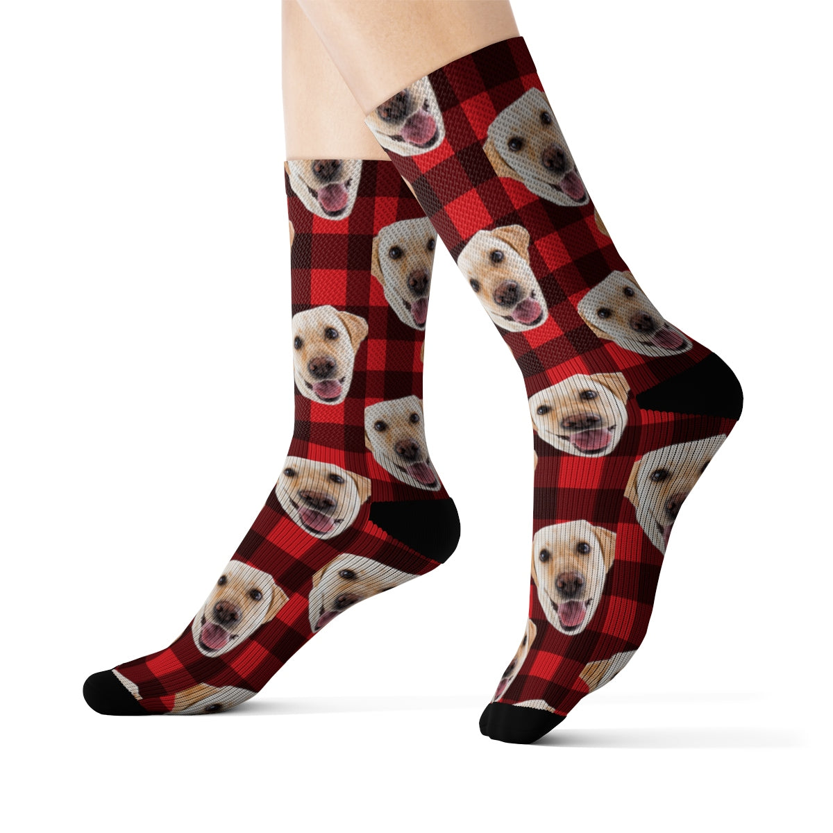 Custom Printed Plaid Dog Socks, Photo Face Cat Red Buffalo Plaid 3D Sublimation Check Lumberjack Women Men Fun Cool Funky Unique Socks Starcove Fashion