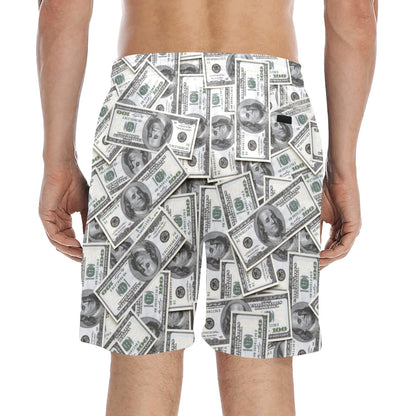 Money Men Swim Trunks, Mid Length Shorts Dollar Bills Beach Pockets Mesh Lining Drawstring Casual Bathing Suit Plus Size Swimwear Designer