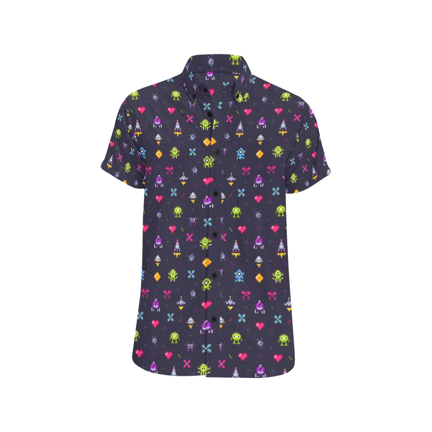 Arcade Gaming Short Sleeve Men Button Down Shirt, Video Game 80s Pixel Art Print Casual Buttoned Down Summer Dress Collared Shirt Starcove Fashion