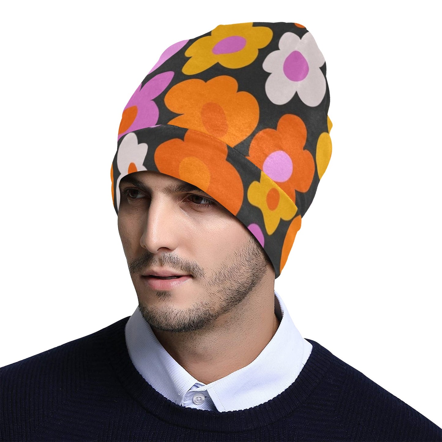 Groovy Flowers Beanie, Floral Soft Fleece Party Men Women Cute Stretchy Winter Adult Aesthetic Cap Hat Gift