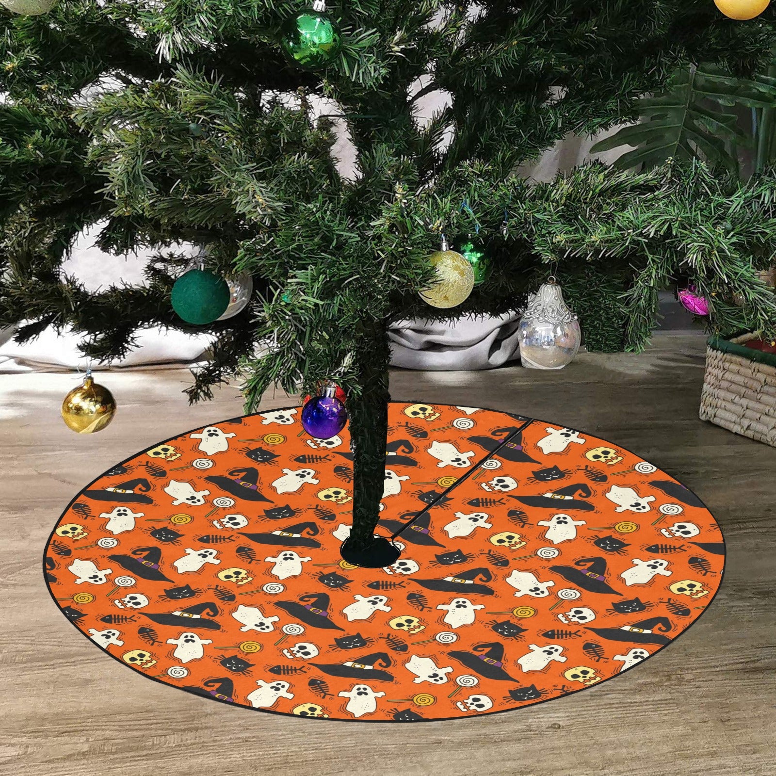 Halloween Tree Skirt, Orange Black Cat Ghosts Christmas Stand Base Cover Home Decor Decoration All Hallows Eve Creepy Spooky Party Starcove Fashion
