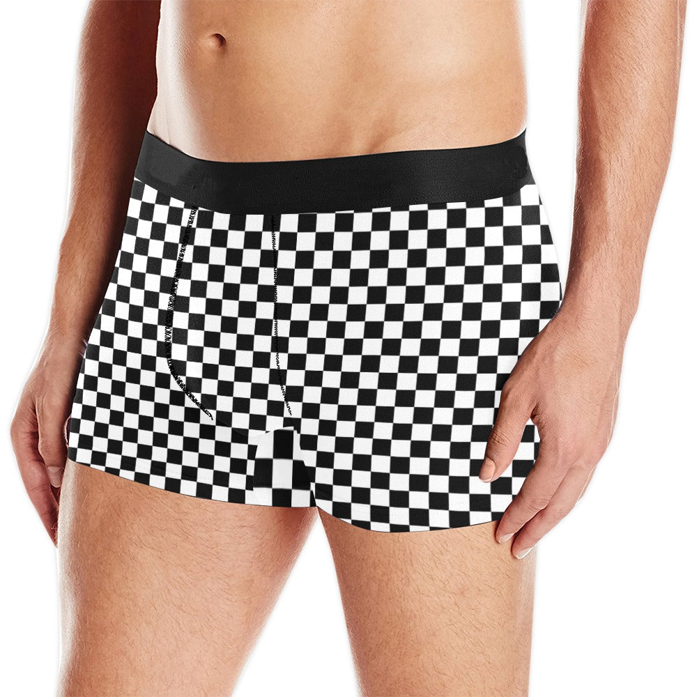 Checkered Print Men Boxer Briefs, Black White Check Underwear Pouch Funny Sexy Anniversary Checkerboard For Him Honeymoon Birthday Plus Size Starcove Fashion