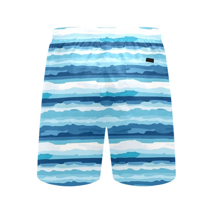 Striped Men Swim Trunks, Ocean Blue Mid Length Shorts Beach Pockets Mesh Lining Drawstring Boys Casual Bathing Suit Plus Size Swimwear
