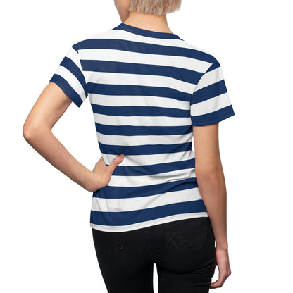 Blue and White Striped Women Tshirt, Vintage Designer Adult Graphic Aesthetic Fashion Fitted Crewneck Ladies Tee Shirt Top Starcove Fashion