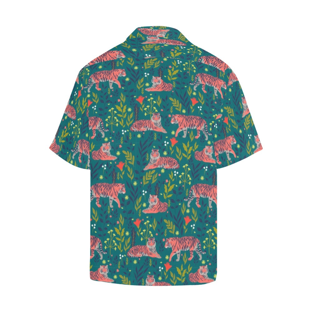 Tropical Tiger Men Hawaiian shirt, Animal Print Green Vintage Retro Summer Leaves Hawaii Aloha Beach Plus Size Cool Leaves Button Down Shirt