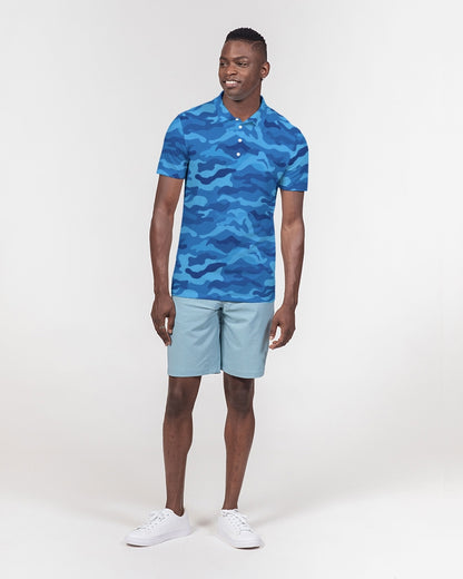 Blue Camo Men's Polo, Camouflage Slim Fit Short Sleeve Collared Shirt Casual Summer Buttoned Down Up Sports Golf Tee Top Starcove Fashion