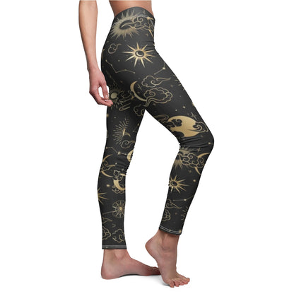 Moon Stars Leggings for Women, Black Gold Printed Yoga Pants Cute Print Graphic Workout Running Gym Fun Designer Tights Gift Her Starcove Fashion