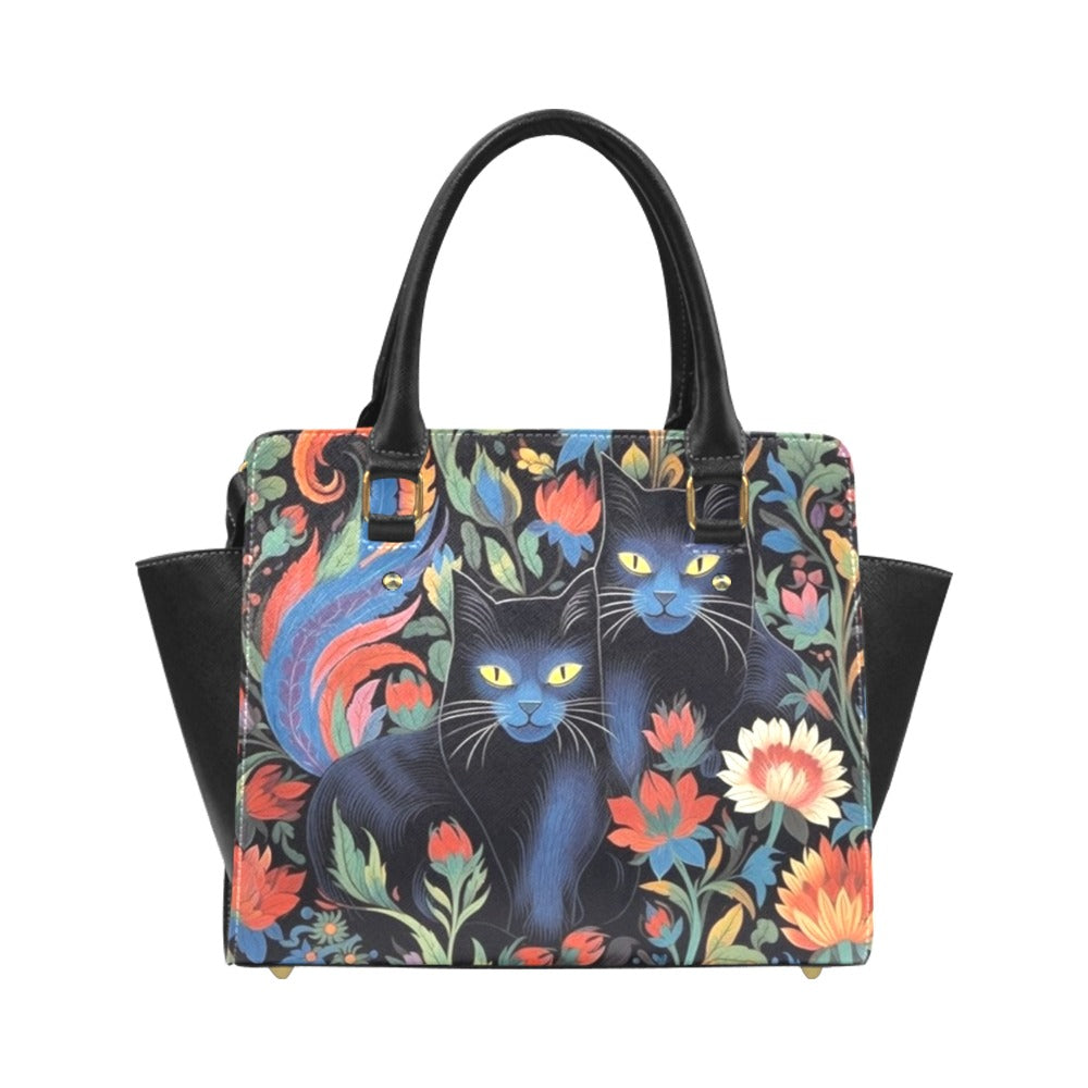 Cat Purse Handbag, Cute Black Animal Print High Grade Vegan Leather Designer Women Girl Satchel Top Handle Bag Shoulder Strap Zip Ladies Starcove Fashion