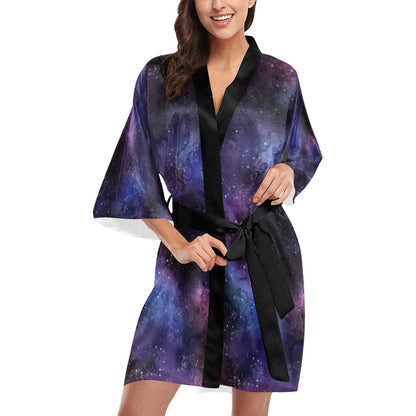 Galaxy Space Kimono Robe, Celestial Purple Outer Stars Japanese Women's Short Lounge Sleepwear Bohemian Sexy Nerd Bathrobe Pajamas Starcove Fashion