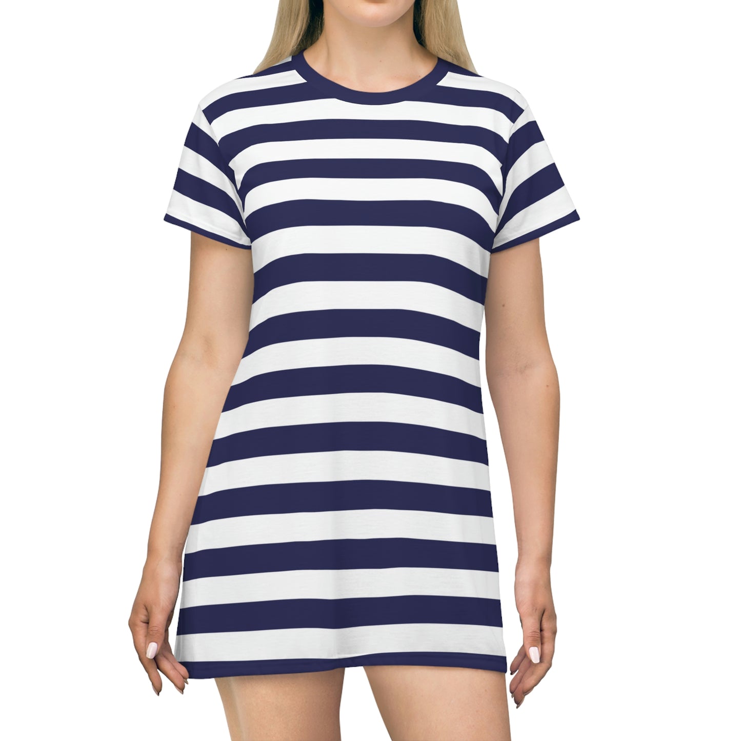 Blue White Striped Tshirt Dress, Navy Women Summer Beach Cute Festival Party Casual Designer Short Sleeve Girls Tee