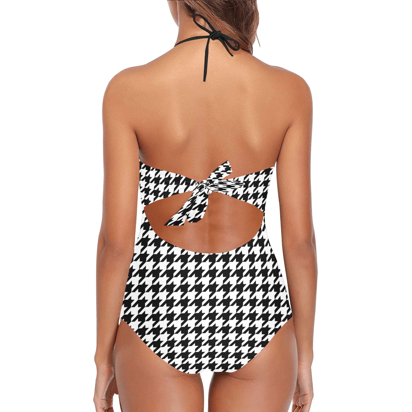 Houndstooth Lace Swimsuit Women, Pattern Black White One Piece Band Embossing Cute Designer Bathing Suit Padded Cups Plus Size Starcove Fashion