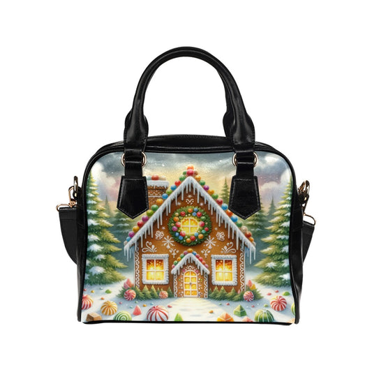 Gingerbread House Purse, Christmas Xmas Pattern Cute Small Shoulder Zip Bag Vegan Leather Women Designer Handbag Crossbody Ladies