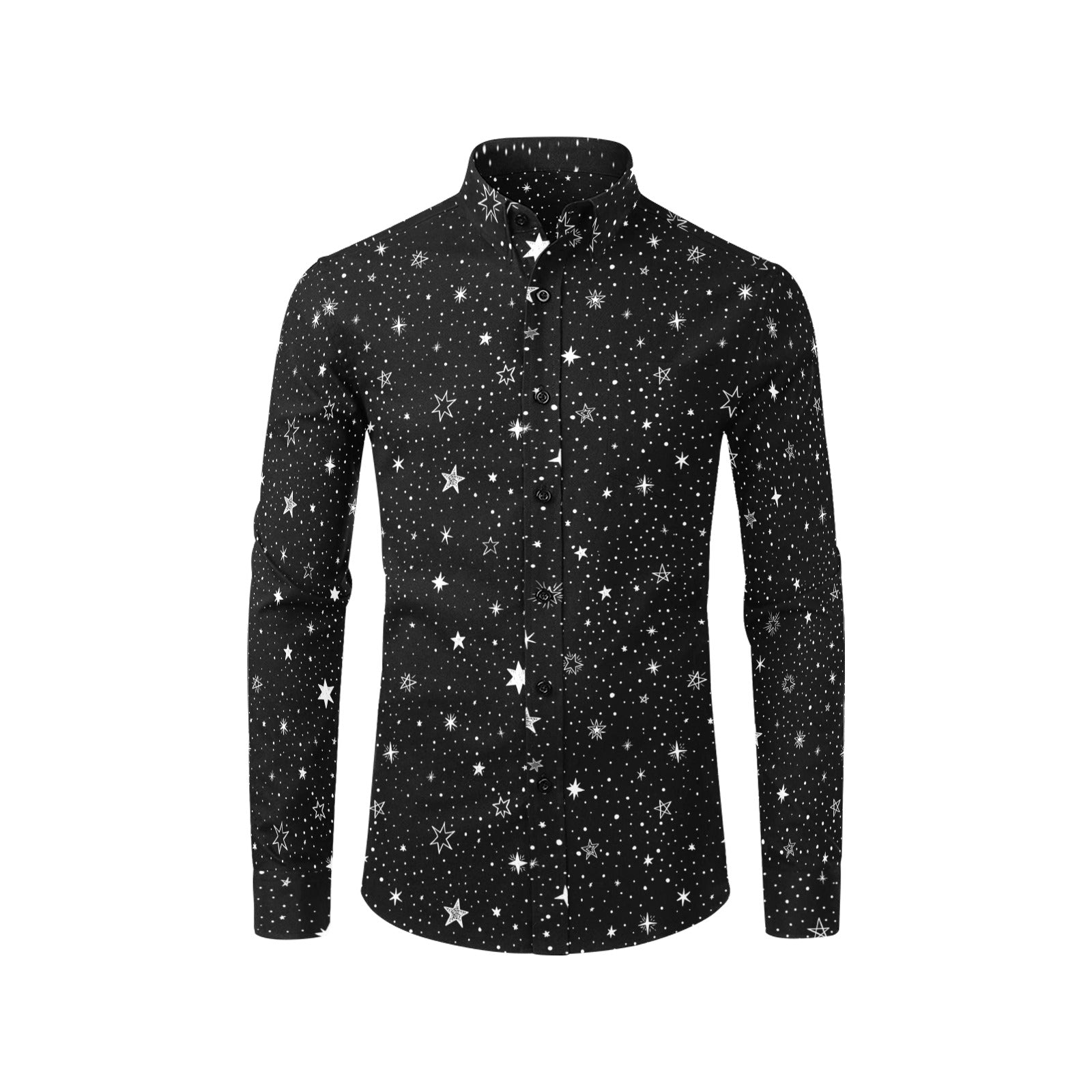 Stars Long Sleeve Men Button Up Shirt, Space Black White Print Dress B Starcove Fashion Stars Long Sleeve Men Button Up Shirt, Space Black White Print Dress B Starcove Fashion