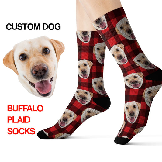Custom Printed Plaid Dog Socks, Photo Face Cat Red Buffalo Plaid 3D Sublimation Check Lumberjack Women Men Fun Cool Funky Unique Socks Starcove Fashion