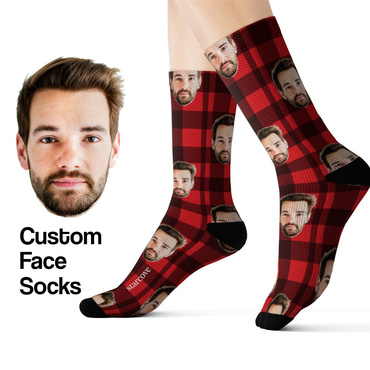 Custom Face Socks, Photo Red Buffalo Plaid 3D Printed Sublimation Check Lumberjack Women Men Fun Cool Funky Casual Unique Socks Starcove Fashion