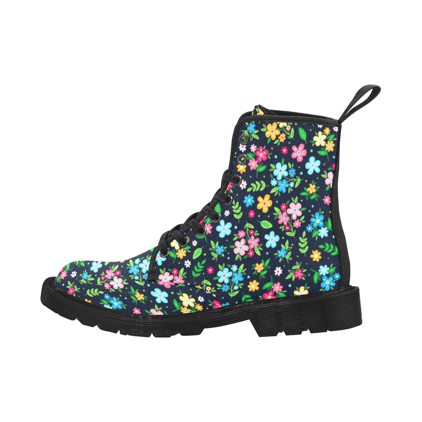 Cute Flowers Women's Boots, Colorful Watercolor Floral Vegan Canvas Lace Up Shoes, Flower Print Black Ankle Combat, Casual Custom Gift Starcove Fashion