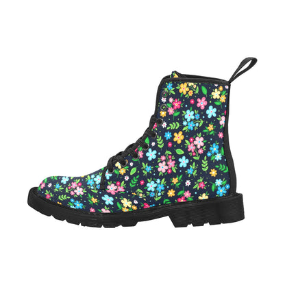 Cute Flowers Women's Boots, Colorful Watercolor Floral Vegan Canvas Lace Up Shoes, Flower Print Black Ankle Combat, Casual Custom Gift Starcove Fashion