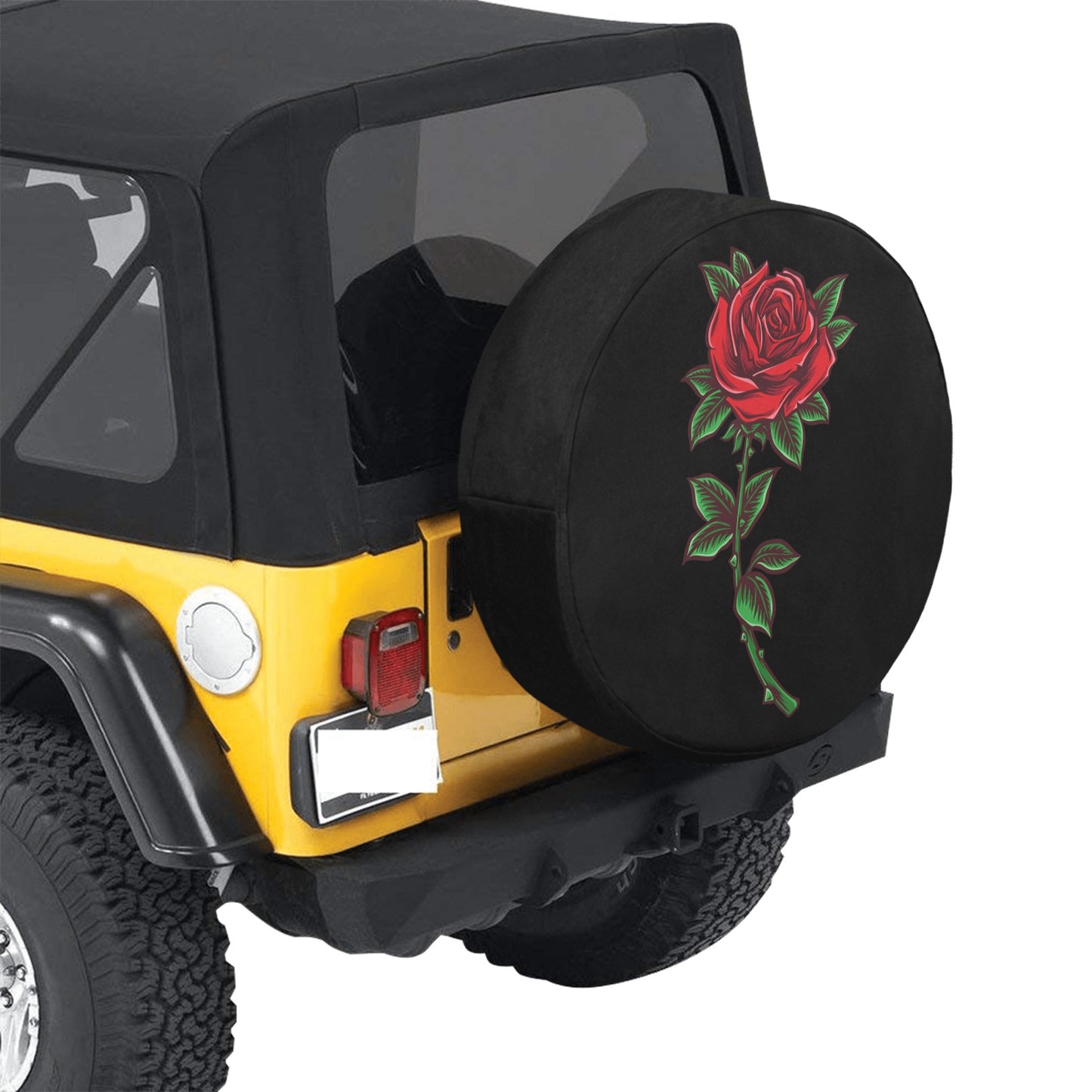 Rose Flowers Spare Tire Cover, Red Floral Tattoo Black Wheel Auto Back Up Camera Hole Unique Design Women Back RV Trailer Feminine