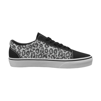 Grey Leopard Women Shoes, Black Vegan Faux Suede Leather Animal Print Leopard Print Lace-Up Canvas Casual Designer Sneakers