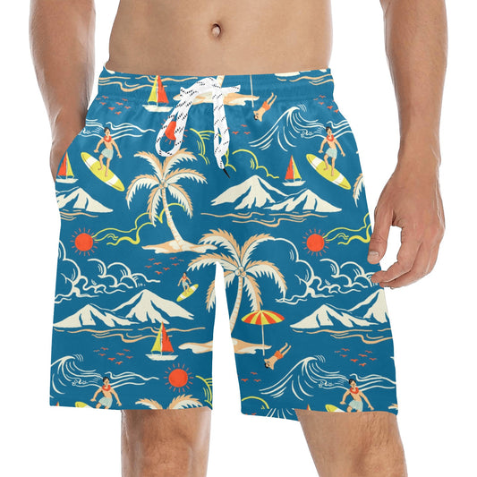 Tropical Island Men Mid Length Shorts, Beach Surf Mountain Swim Trunks Front and Back Pockets & Mesh Drawstring Boys Bathing Suit Summer Starcove Fashion