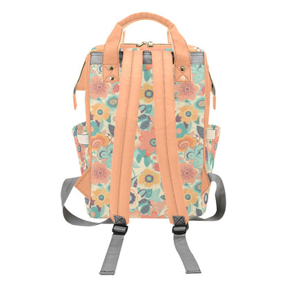 Retro Floral Diaper Bag Backpack, Pink Pastel Flowers Groovy 70s Baby Girl Waterproof Insulated Pockets Mom Designer Men Women Multipurpose