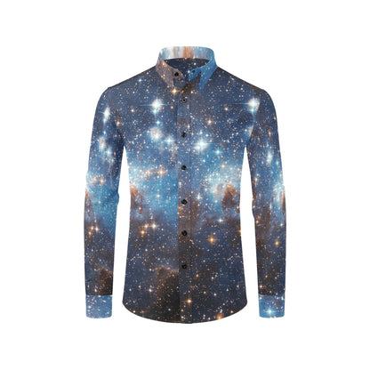 Galaxy Long Sleeve Men Button Up Shirt, Space Themed Stars Universe Cosmos Print Unique Buttoned Collar Dress Shirt with Chest Pocket